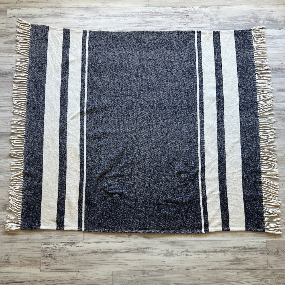 Roca Home Navy White Striped Woven Throw Blanket Fringe 50x67 Made in Portugal